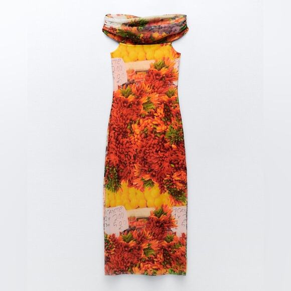 Zara Off Shoulder Dress Printed Chili Pepper Picante Bodycon Dress Small NWT - Picture 15 of 15